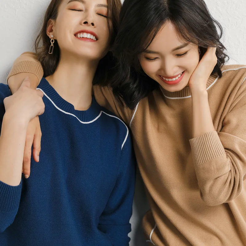 Женский свитер Осень-зима круглый воротник теплый с длинным рукавом однотонный