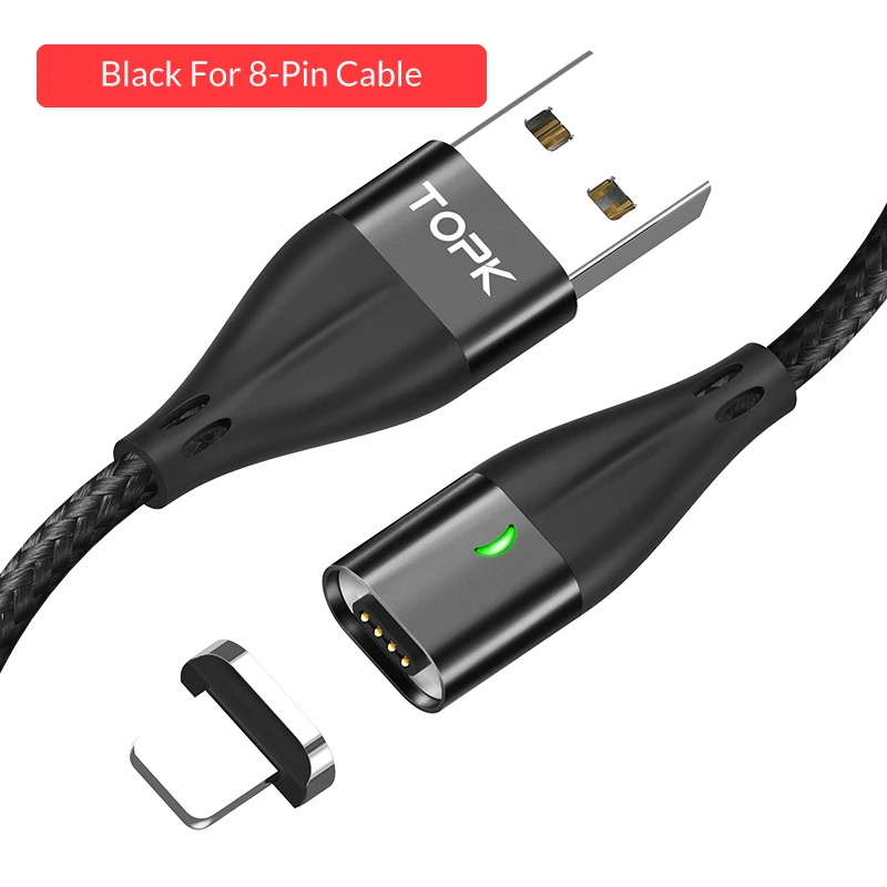8-Pin Black TOPK 1 м 2 м USB Магнитный кабель usb type C и mi cro USB кабель Быстрая зарядка кабель usbc для iPhone samsung Xiao mi redmi note 7 mi a2 - Цвет: 8-Pin Black
