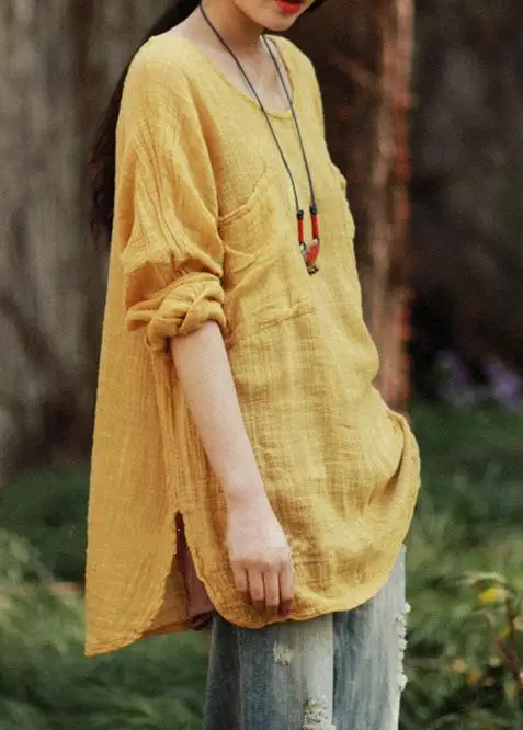 Yellow USWMIE, Весенняя футболка для женщин, стиль Mori Girl, Джокер, карманы, Круглый ворот, длинный рукав, сплошной цвет, хлопок, неровный подол, верх - Цвет: Yellow