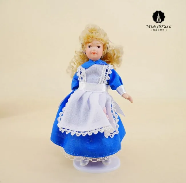Blue Кукольный домик, миниатюрная фарфоровая кукла, милое платье, модель, мини-фигурка, девочка, 1/12 масштаб, куклы, украшение - Цвет: Blue
