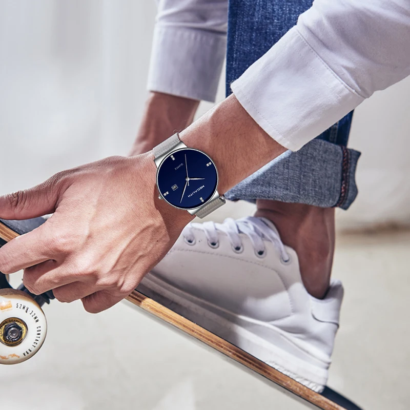 MEGALITH мужские часы спортивные водонепроницаемые из нержавеющей стали сетки