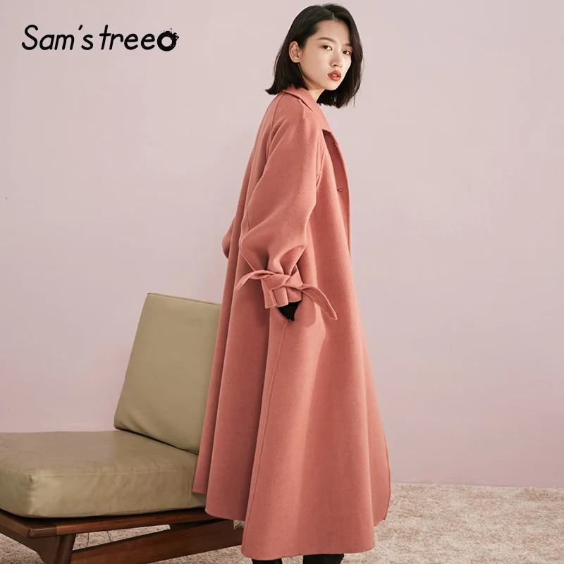 SAM'S TREE/розовое однотонное прямое зимнее женское пальто в минималистическом стиле, Осеннее Свободное пальто на одной пуговице с рукавами из чистой ленты