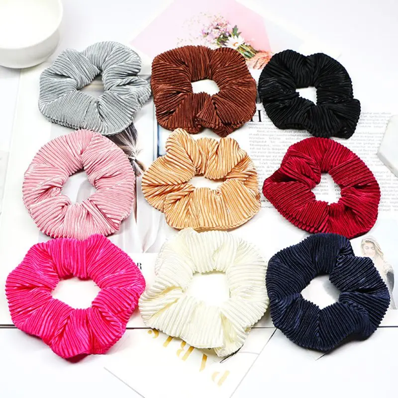 

Women Girls Glitter Velvet Plain Hair Rope Vertical Stripes Textured Large Intestine Ponytail Holder Ruched Pleated Scrunchies