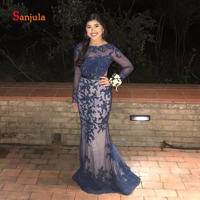 Темно-синие вечерние платья с длинными рукавами элегантные аппликацией открытой