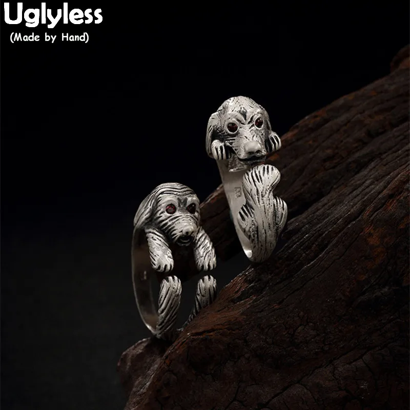 

Uglyless Real 990 Silver Fine Jewelry Women Vintage Vulcanized Silver Open Finger Rings Girls Lovely Dog Ring Red Crystal Bijoux