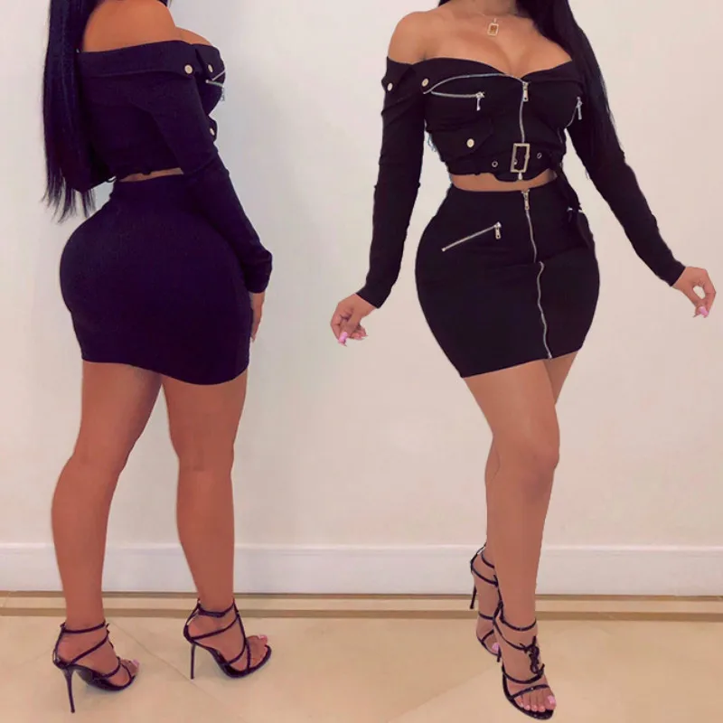 Женский комплект из 2 предметов Байкерский костюм с открытыми плечами и длинным