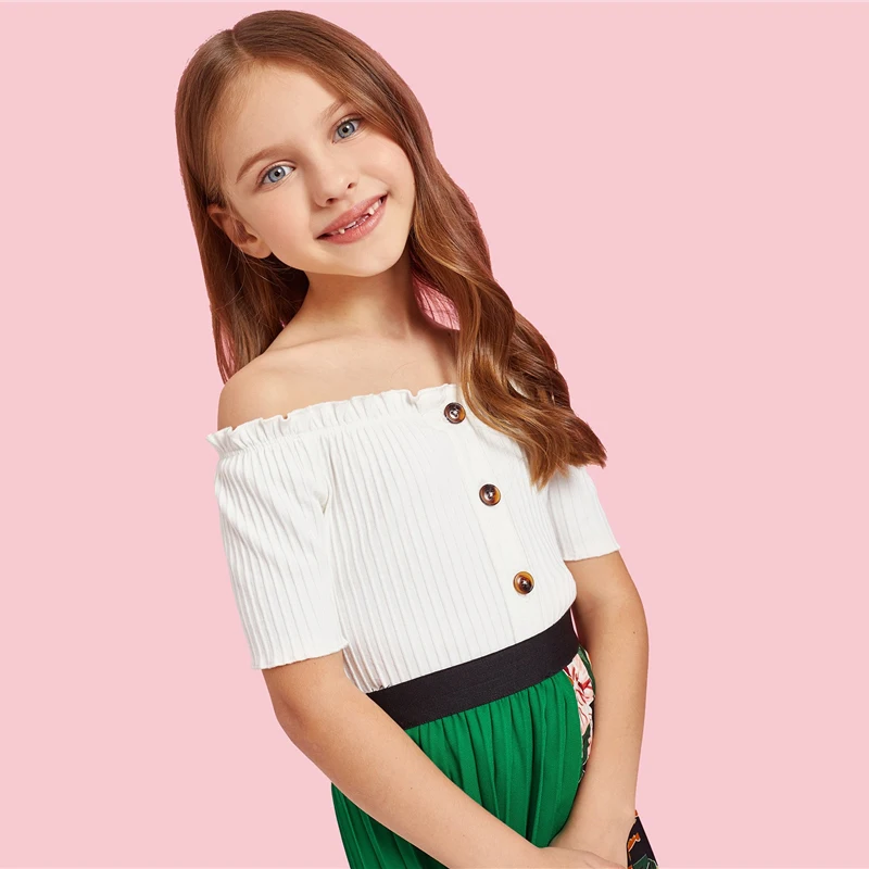 SHEIN Kiddie белая пуговица спереди жабо ребристая вязка элегантные футболки топы для девочек г. Летние укороченные детские повседневные футболки с короткими рукавами