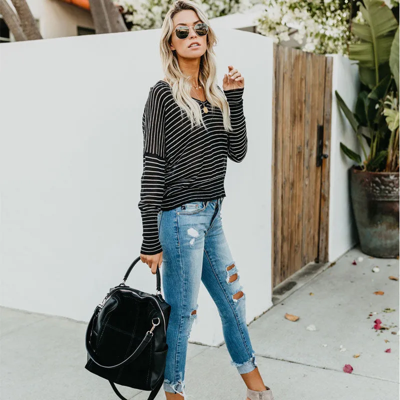 Женская рубашка в полоску Повседневная футболка с V образным вырезом и длинным