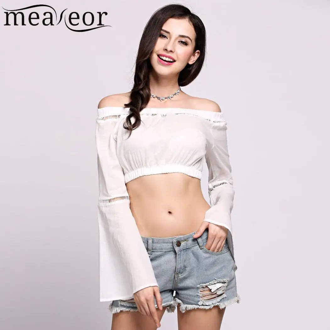 Урожай полые Out Off the Shoulder Bell Sleeve Solid Top | Женская одежда