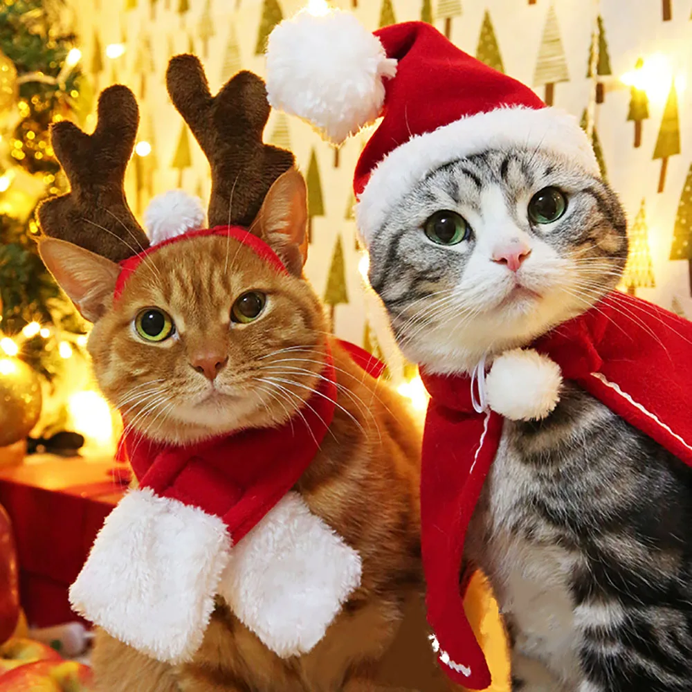 Забавный Рождественский костюм для кошек шапка и шарфы собак рождественский