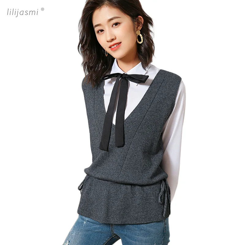 Женский вязаный жилет с кулиской шерстяной v-образным вырезом свитер без рукавов