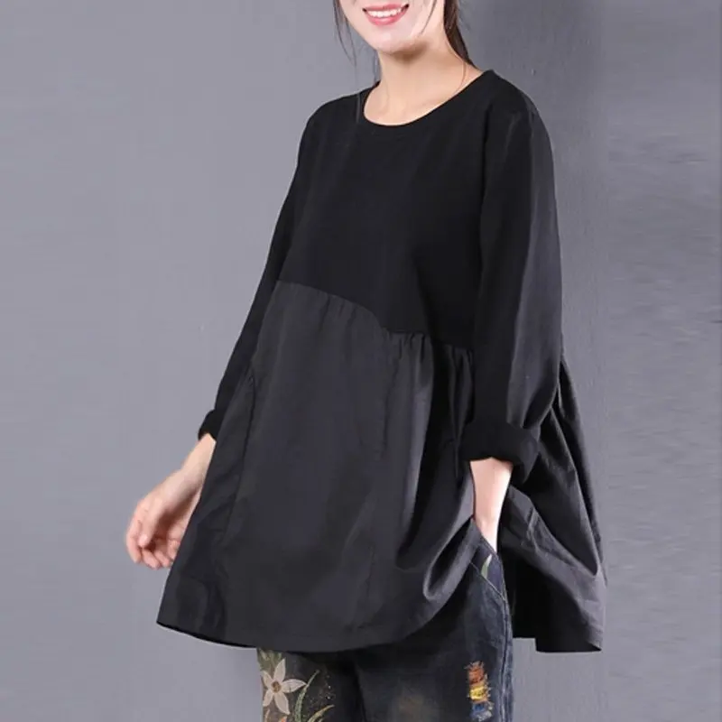 Large size women's T-shirt stitching plus 5XL 6XL 7XL 8XL summer round neck long sleeve loose black gray top | Женская одежда