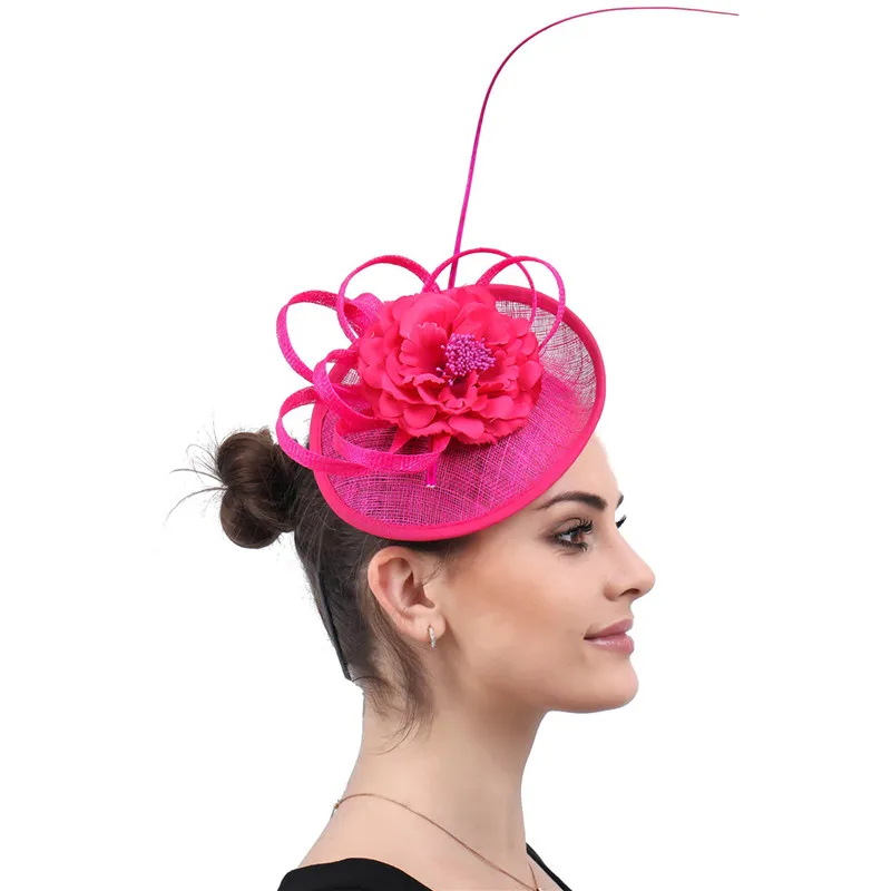 

Classic spring Hot pink linen Fascinators with silk flower Racing Season Ladies Wedding Hats red Cocktail Party Event Occasion