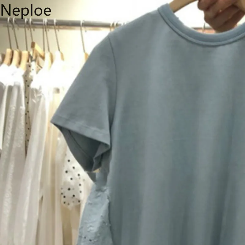 Neploe кружевные лоскутные женские футболки лето 2019 модные с круглым вырезом и