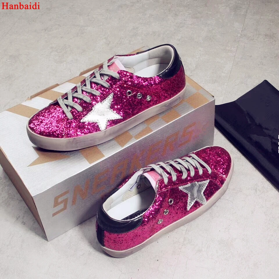 New Women Casual Shoes Glitter Leather Do Old Dirty Mixed Color Sequins Star trainers Sneakers Zapatos de Mujer 2018 | Обувь