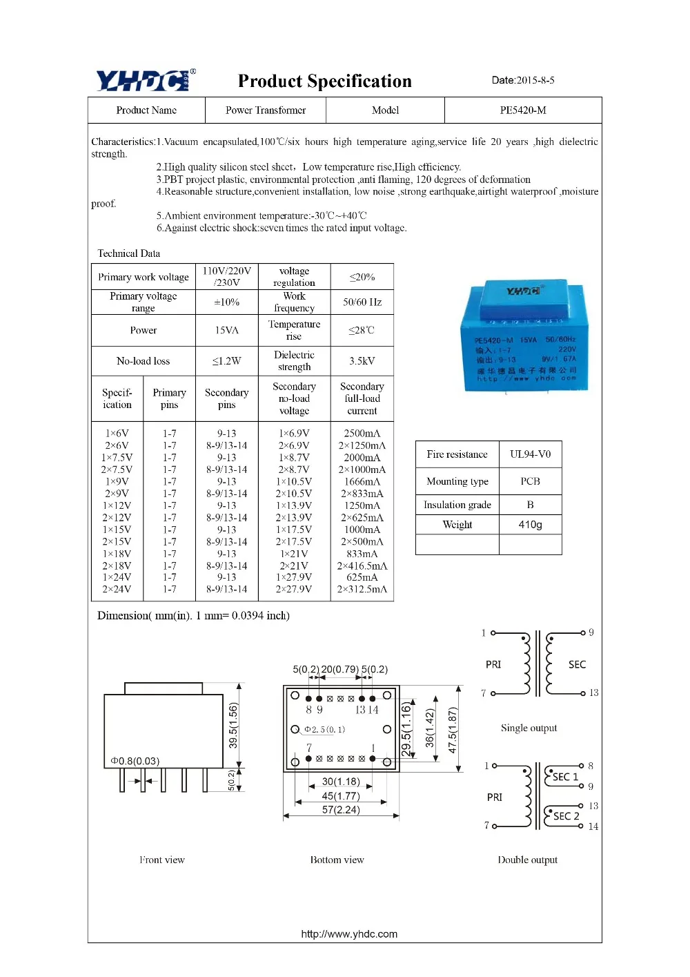 YHDC PE5419E M мощность 15VA входное напряжение 220 В Выход 2*18 в Инкапсулированный