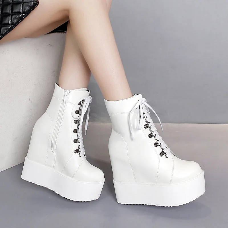 Fashion Rivet Women Platform Boots Creepers Mid-calf Cute Lace Up Breathable High Heel Autumn 4057 | Обувь