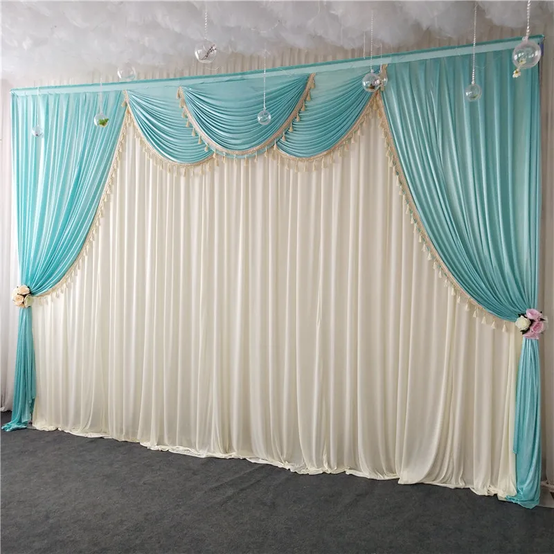 

3MX6M ice silk white chiffon fabric wedding stage backdrop swags with tassels drape curtain for baby shower party decor