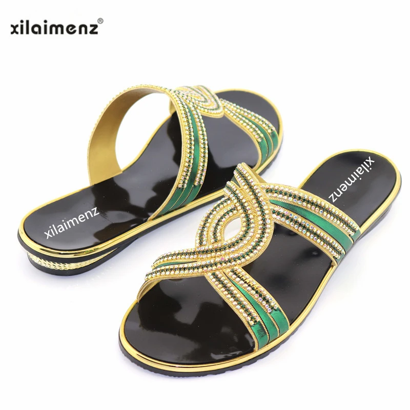 2019 новый итальянский Для женщин тапочки обувь со стразами Королевский синий с