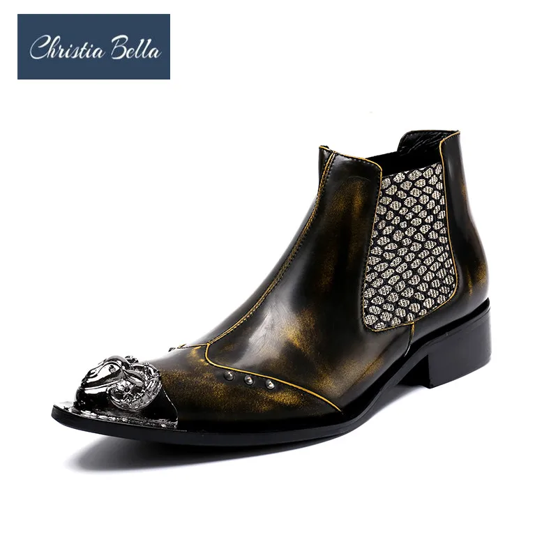 

Christia Bella Winter Shoes Genuine Leather Men Pointed Toe Metal Tip Men's Dress Boots Fashion Handmade Slip On Mens Booties