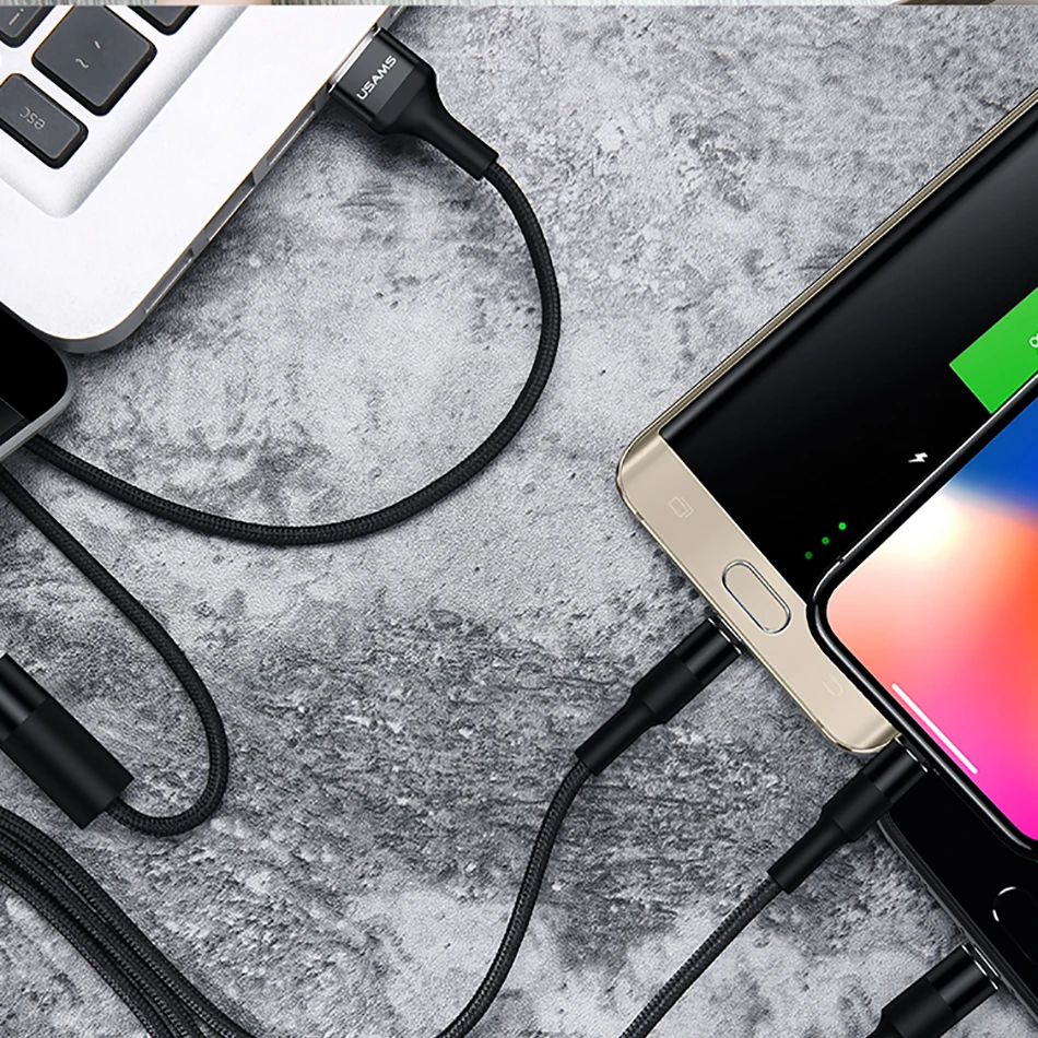 3 в 1 Кабели для мобильных телефонов, USAMS usb кабель usb-c для samsung нейлоновый Micro usb кабель для зарядки для iPhone x 8 type c кабель Шнур