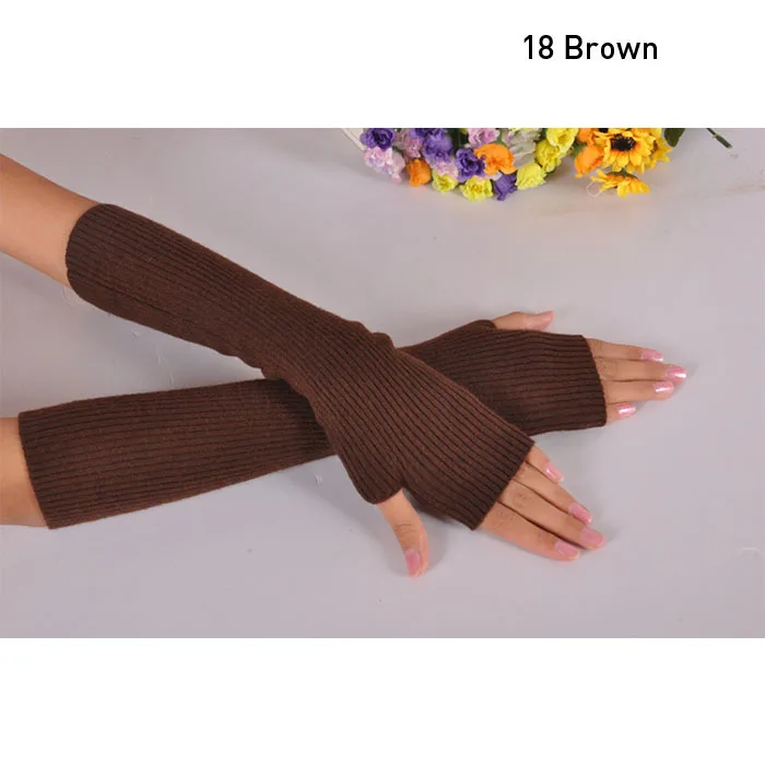 18 Brown Зимние женские шерстяные митенки 40 см 50 см 60 см из тонкой шерсти перчатки без пальцев длинные теплые перчатки полу палец удлинитель руки теплые - Цвет: 18 Brown