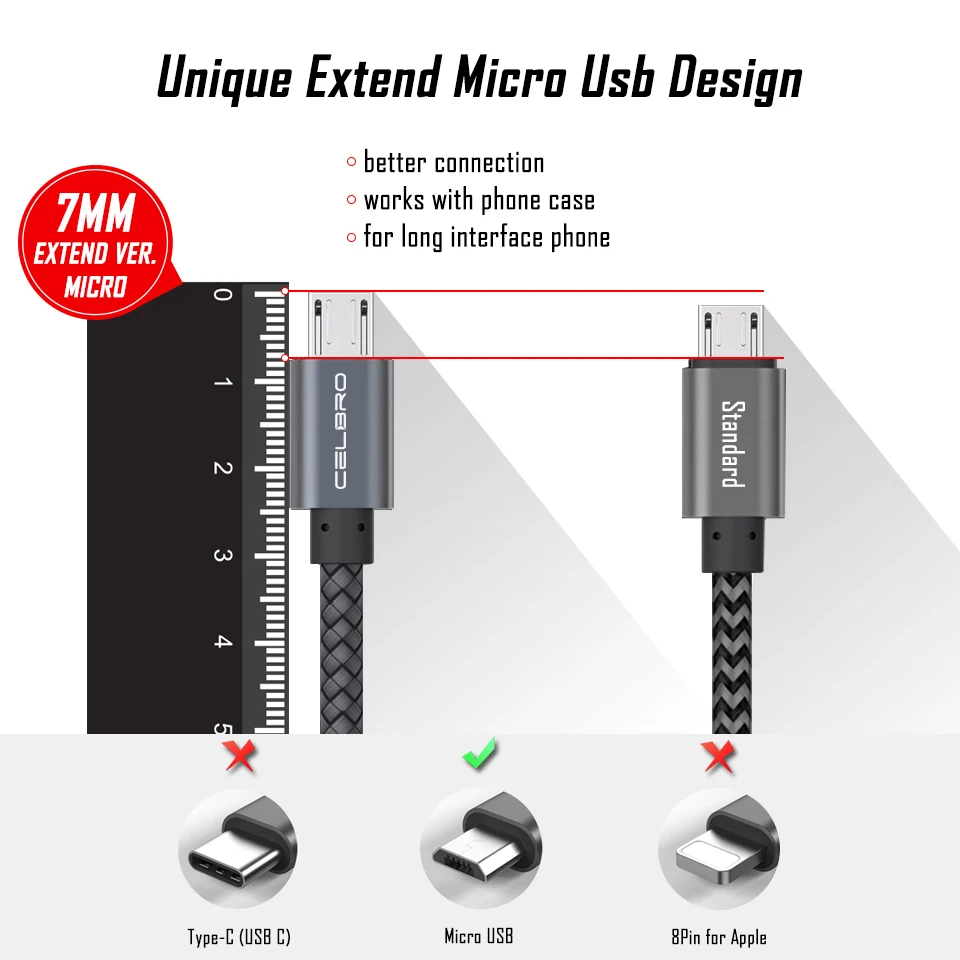 Кабель Micro USB для быстрой зарядки xiaomi huawei Samsung 7 мм длинный разъем 2 4 A мобильный