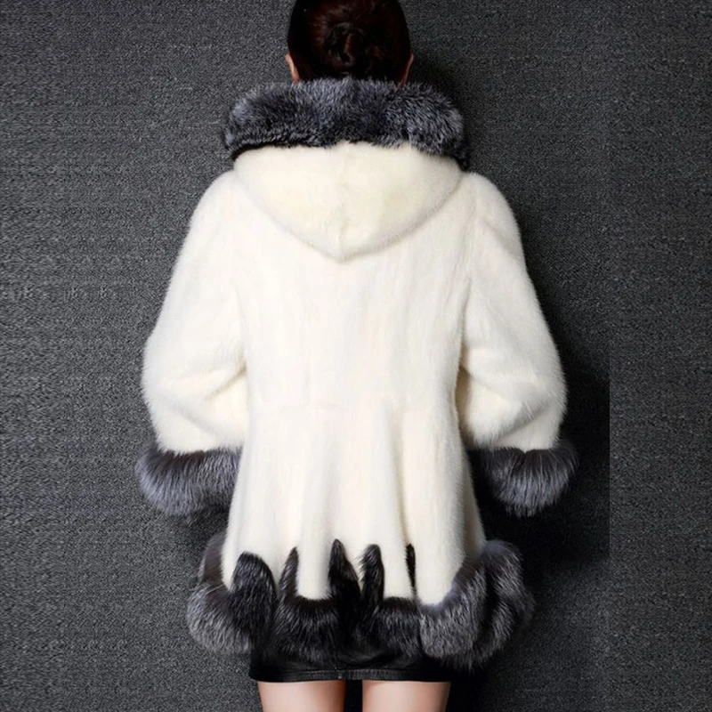 High Imitation Fur Coat Women Silver Fox Collar Hooded Mink Medium-long Overcoat Winter PC166 | Женская одежда