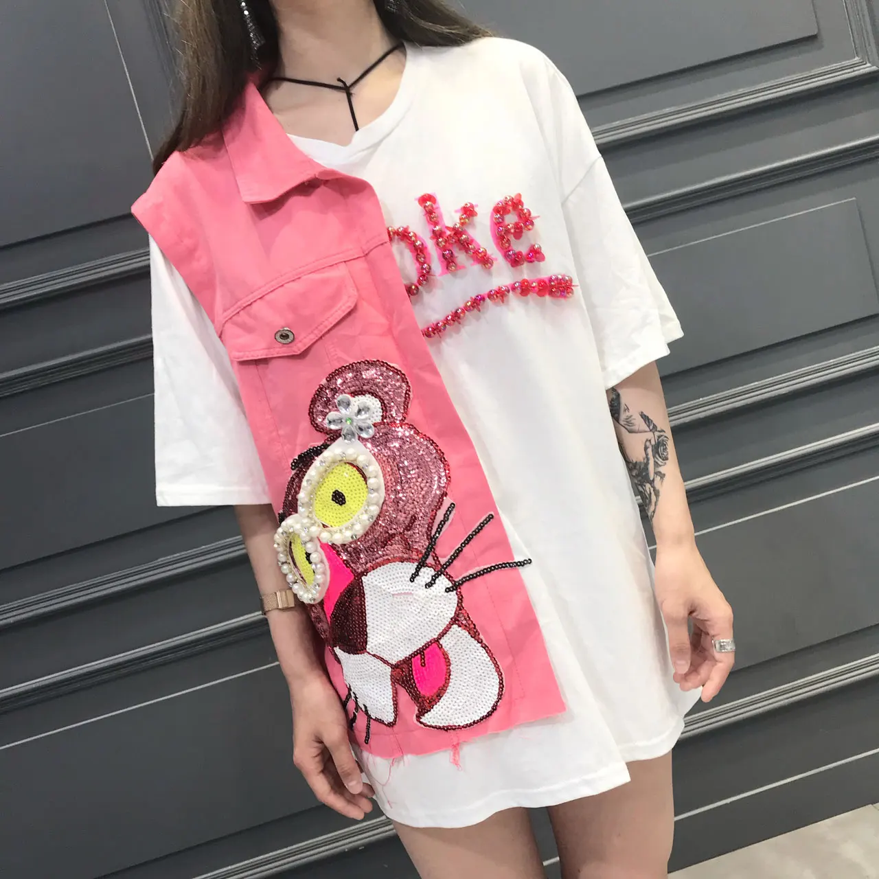 

Thailand Tide brand 2020 summer new cartoon letters handmade beaded sequins personality stitching denim sweet beauty T-shirt