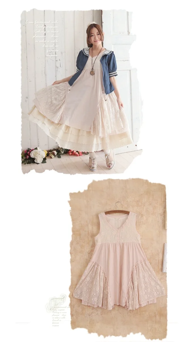 

Great quality mori gilrs Lotte style cotton Multilevel pieces lace dress 2020 authentic Japanese favorite sleeveless dress w770