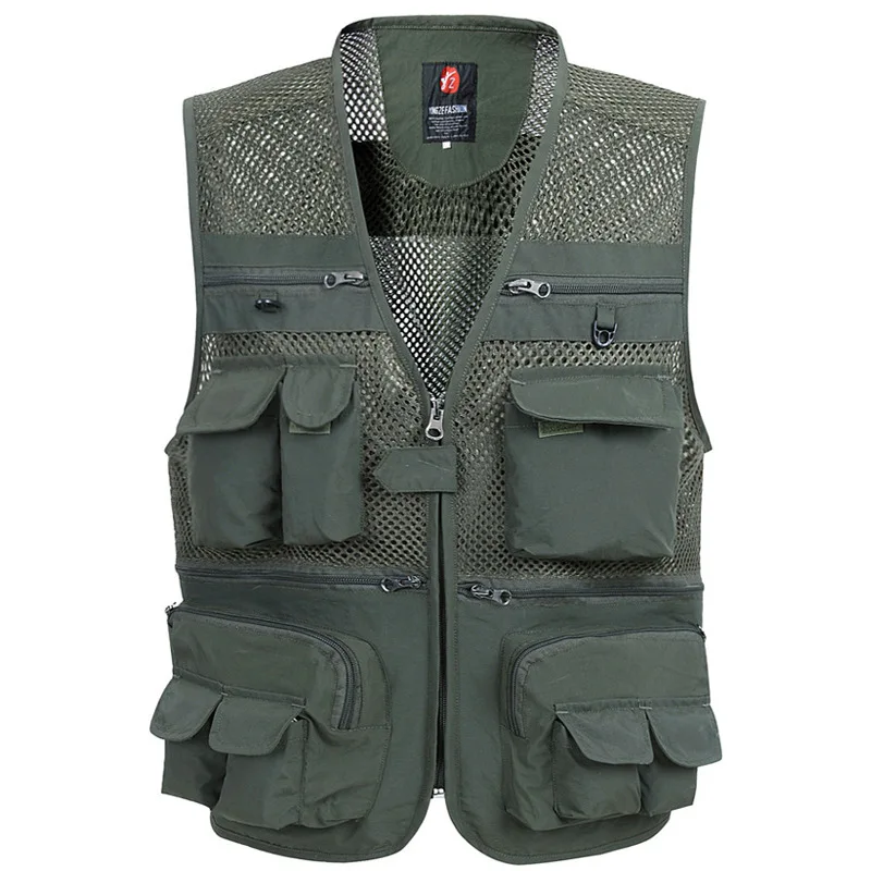 Army green Мужской летний сетчатый жилет, весенний Мужской Повседневный тонкий дышащий жилет с несколькими карманами, мужской мешковатый жилет с множеством карманов размера плюс 5XL - Цвет: Army green