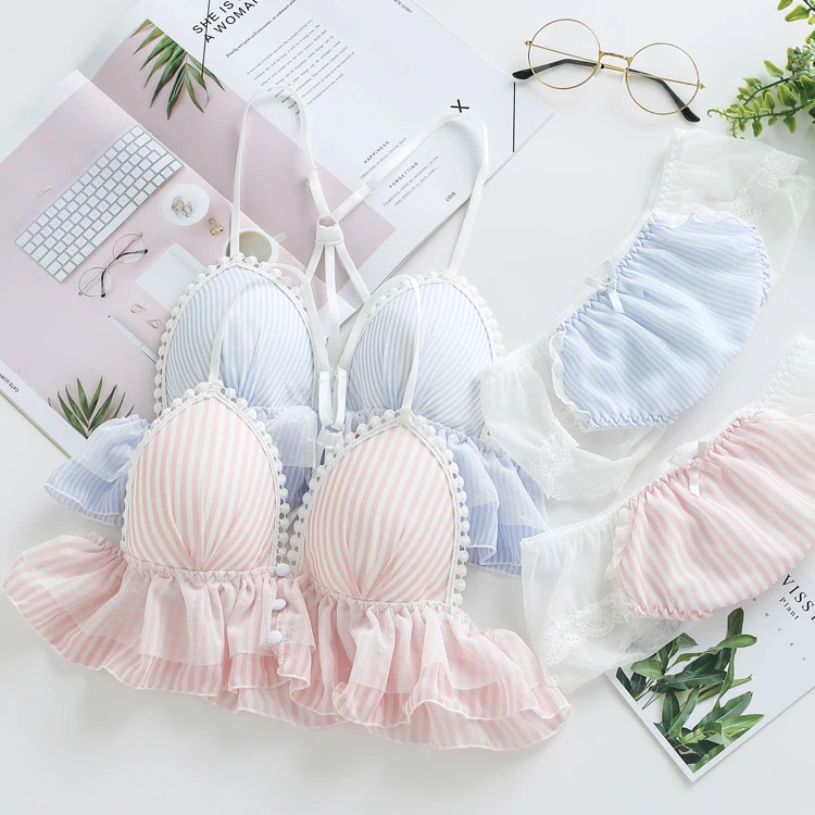 Женский милый комплект из бюстгальтера и трусиков в синюю розовую полоску мягкое