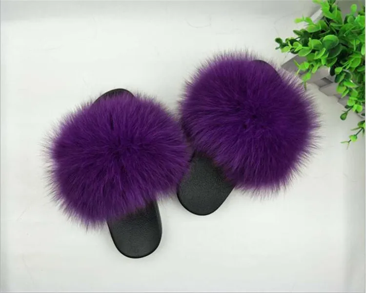 purple Женские меховые Тапочки большого размера; женские шлепанцы без задника с натуральным лисьим мехом; домашние сандалии с лисьим мехом; женские меховые тапочки; женская домашняя обувь на плоской подошве - Цвет: purple