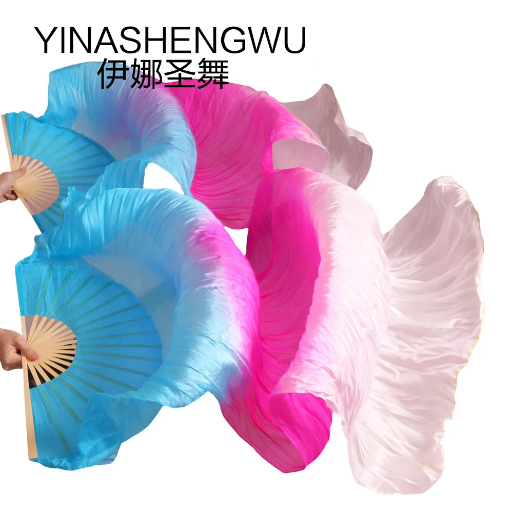 

1 Pair Dance Fans Bamboo Ribs Natural Silk Stage Performance Props Dye Fans Women Belly Dance Silk Fans turquoise+rose+white