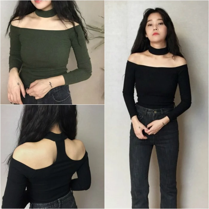 Европейский стиль Сексуальная футболка с вырезом лодочкой черного серого и