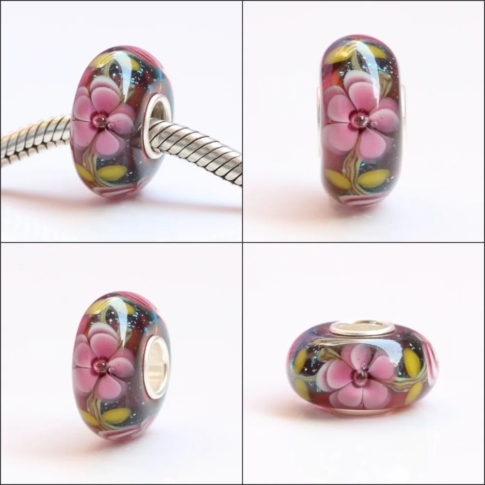 Бусины из серебра 925 пробы с большим отверстием разноцветные 3D цветы Шарм