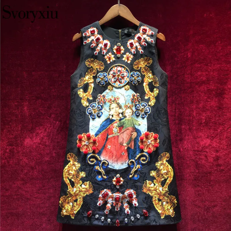 

Svoryxiu Vintage Black Mini Dress Women's Sleeveless luxurious Diamonds Our Lady Print Ladies Party Runway Dress 2018