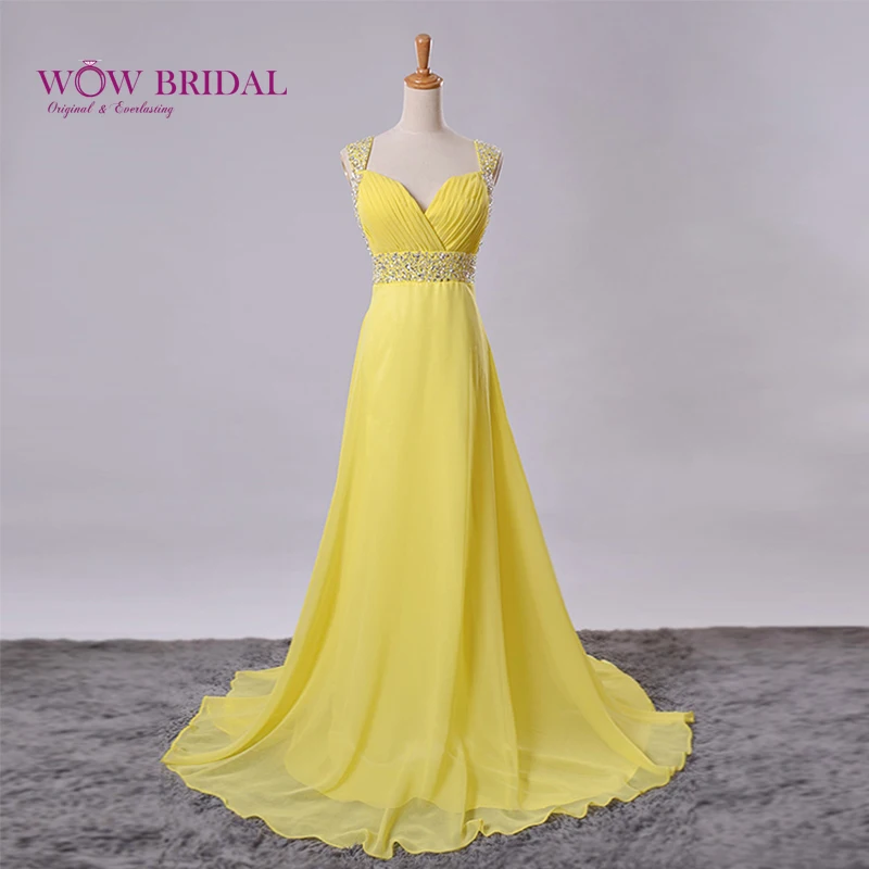Wowbridal Изящные жёлтое длинное платье для выпускного вечера 2021 складки вырез