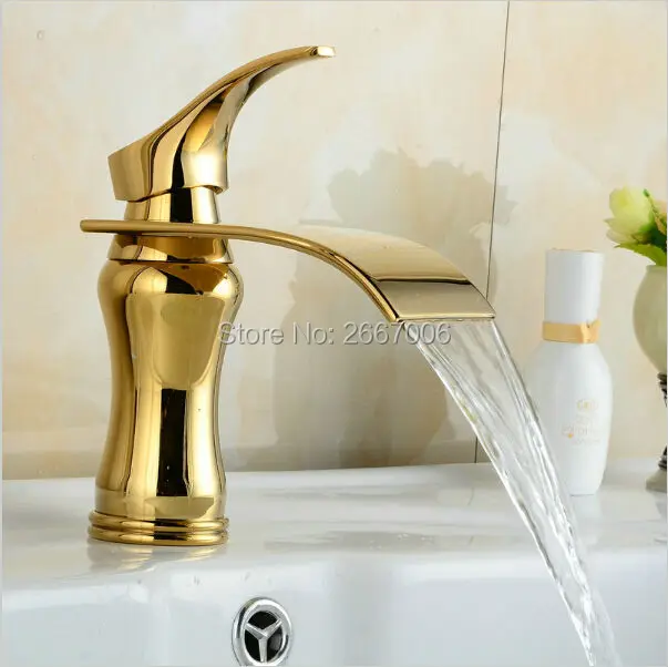 

Free shipping Promotion Single Handle Design Wide Spout Brass tap Bathroom Golden Waterfall tap Basin Mixer Faucet Tap New ZR459