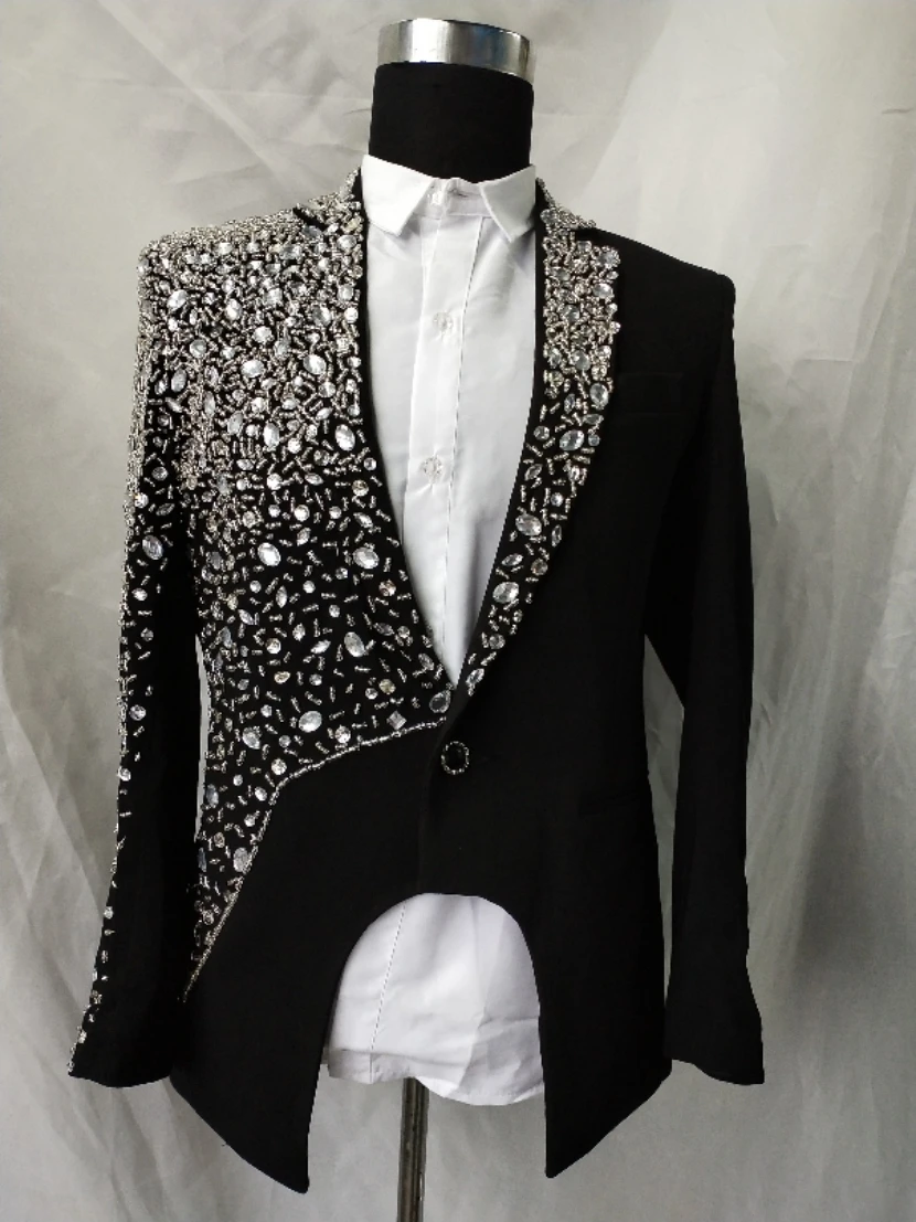 luxury customs making rhinestone beading sewing black beading magician/stage jacket club/show/red carpet/tuxedo jacket
