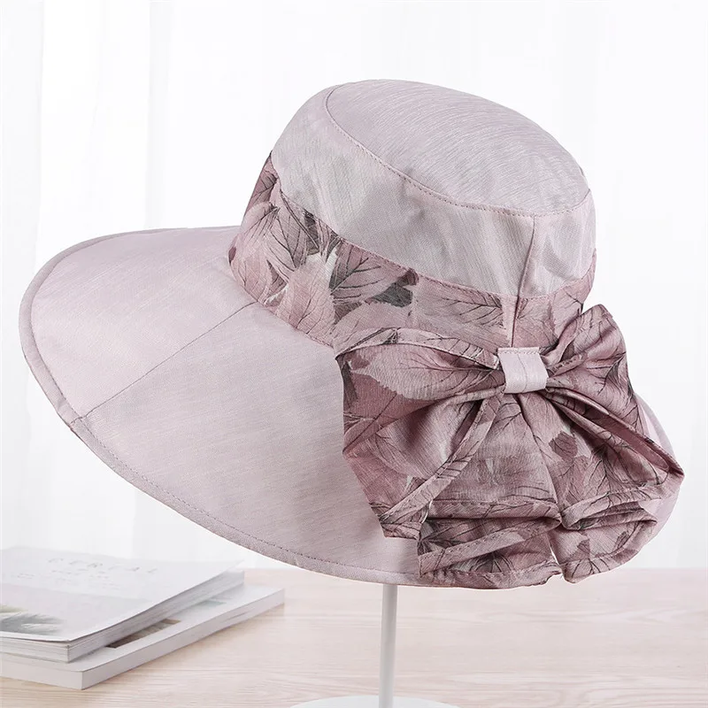 light pink Женские летние шляпы от солнца с цветочным принтом и бантом, пляжная кепка, складные женские широкие козырек УФ-защита, дорожная Кепка - Цвет: light pink