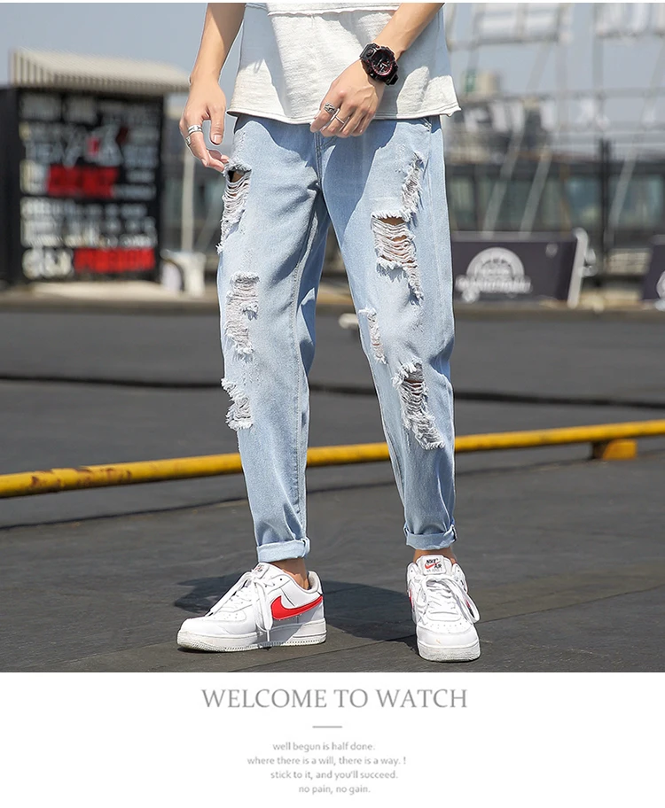 Summer Jeans Men Fashion Streetwear Ripped Jeans For Men Plus Size Light Blue Men Jeans Pants Casual Trousers Male 5XL-M