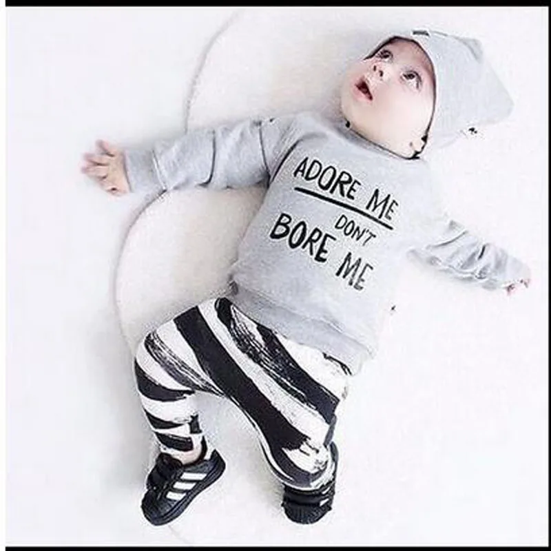 Autumn New Fashion Infant Baby Long Sleeve Print Suit Zebra Striped Pants+Gray Top Winter Clothing+X Design Hat | Детская одежда и