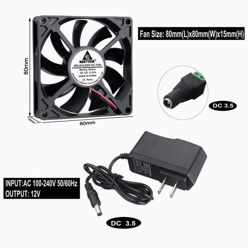 2 шт., охлаждающий вентилятор для корпуса ПК с адаптером питания 100-240 В переменного тока