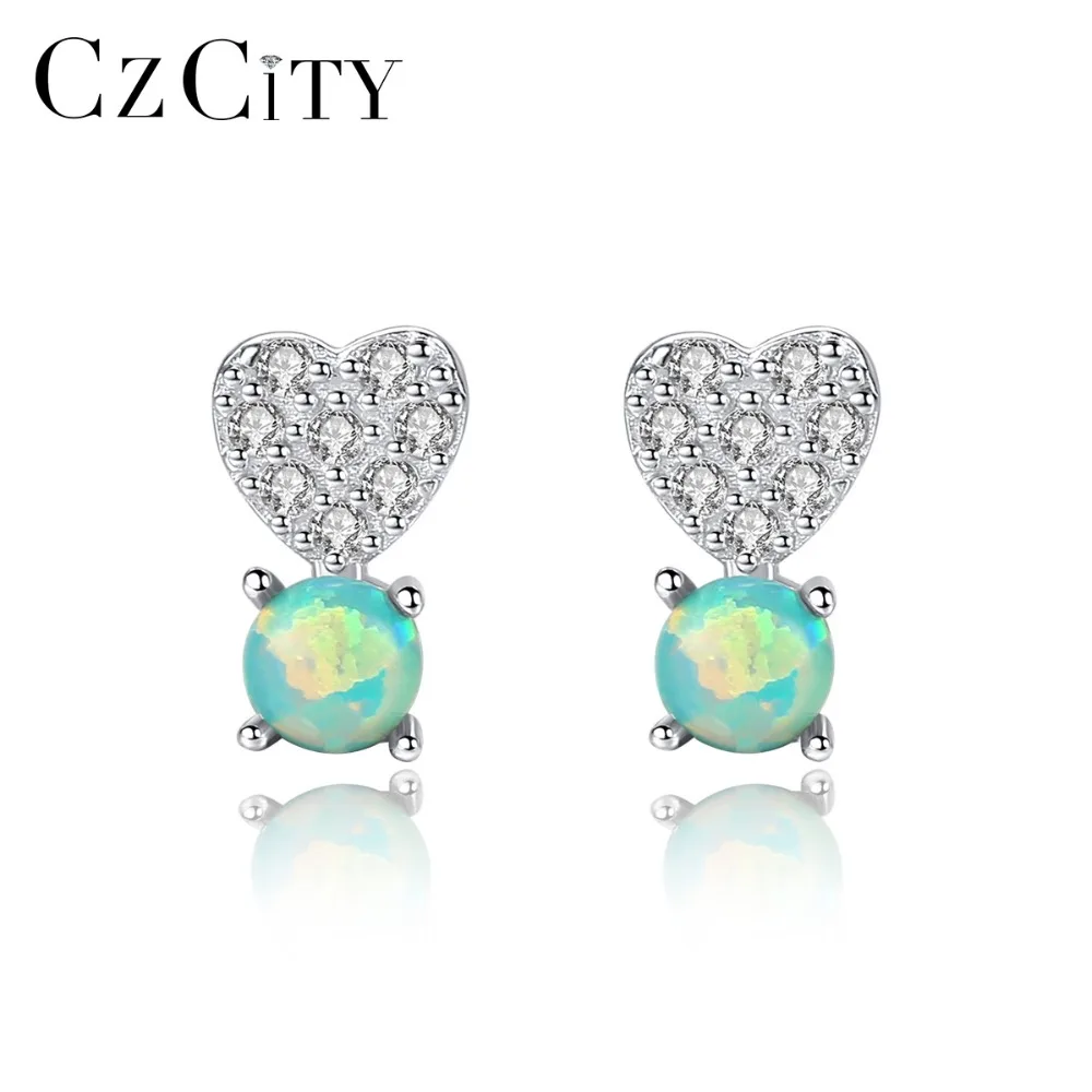 

CZCITY Cute Small Round Opal Heart Zircon Stud Earrings for Women Three Colors Natural Fire Opal Earrings Silver 925 Jewelry