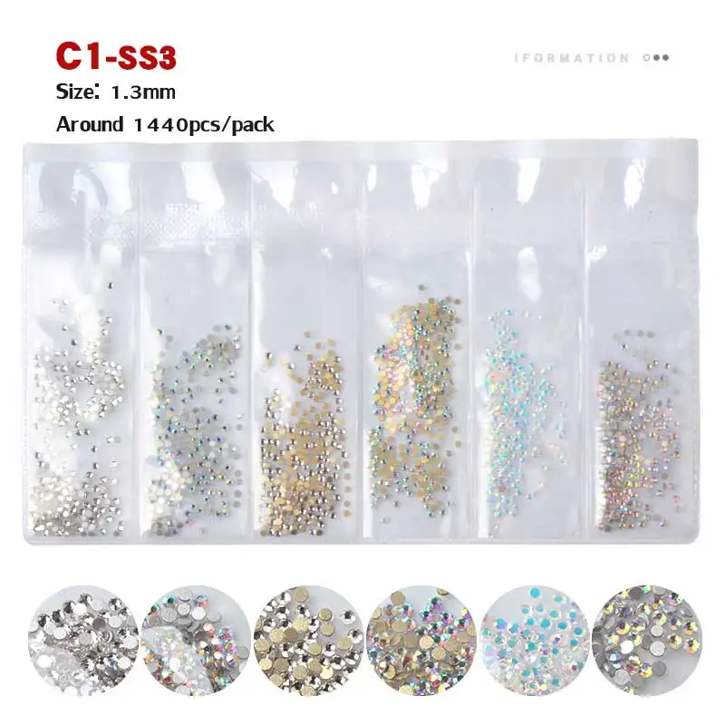 C1-SS3 1440 шт цветные стразы SS3-SS10 не горячей фиксации Хрустальные Стразы 3d плоские с оборота стеклянные стразы для дизайна ногтей блестящие украшения - Цвет: C1-SS3