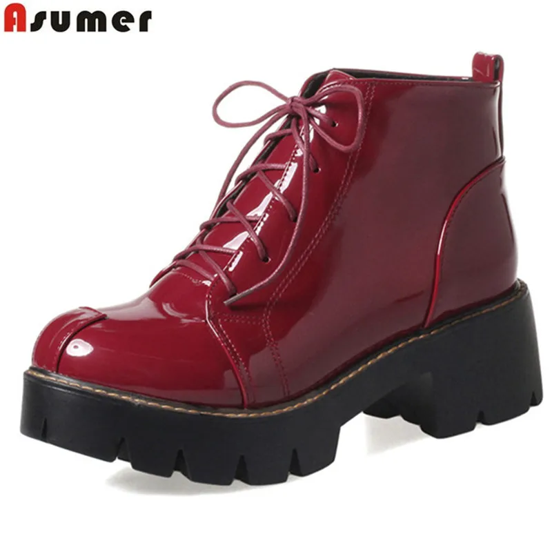 Женские ботильоны на шнуровке ASUMER черные винно красные простые ботинки