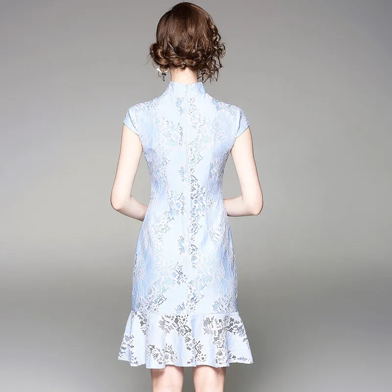 2019 летнее кружевное синее платье-труба в китайском стиле | Женская одежда