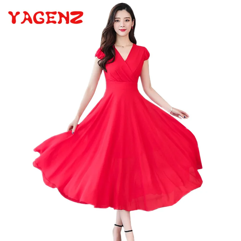 Женское шифоновое платье с V-образным вырезом в Корейском стиле | Женская одежда