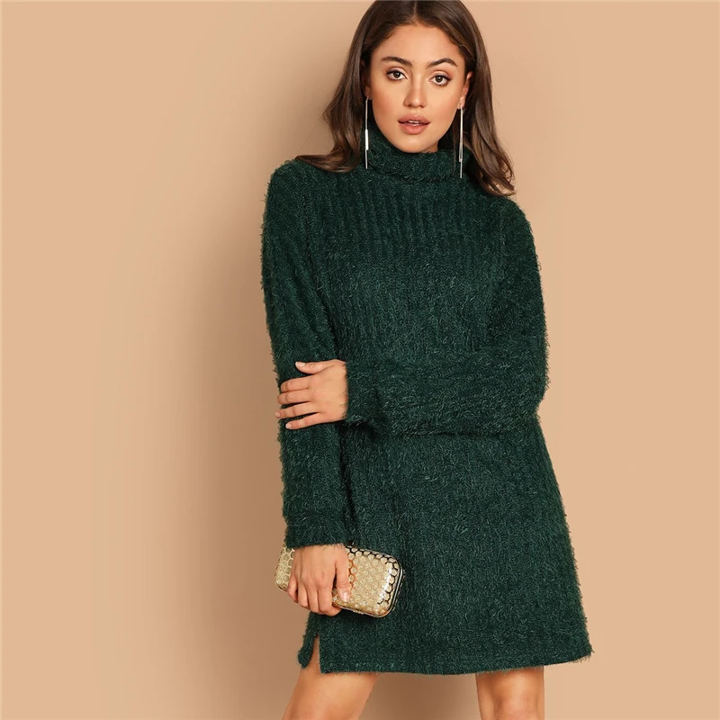 SHEIN Платье-Свитер С Высоким Воротником И Длинным Рукавом, Длинный Пушистый Свитер